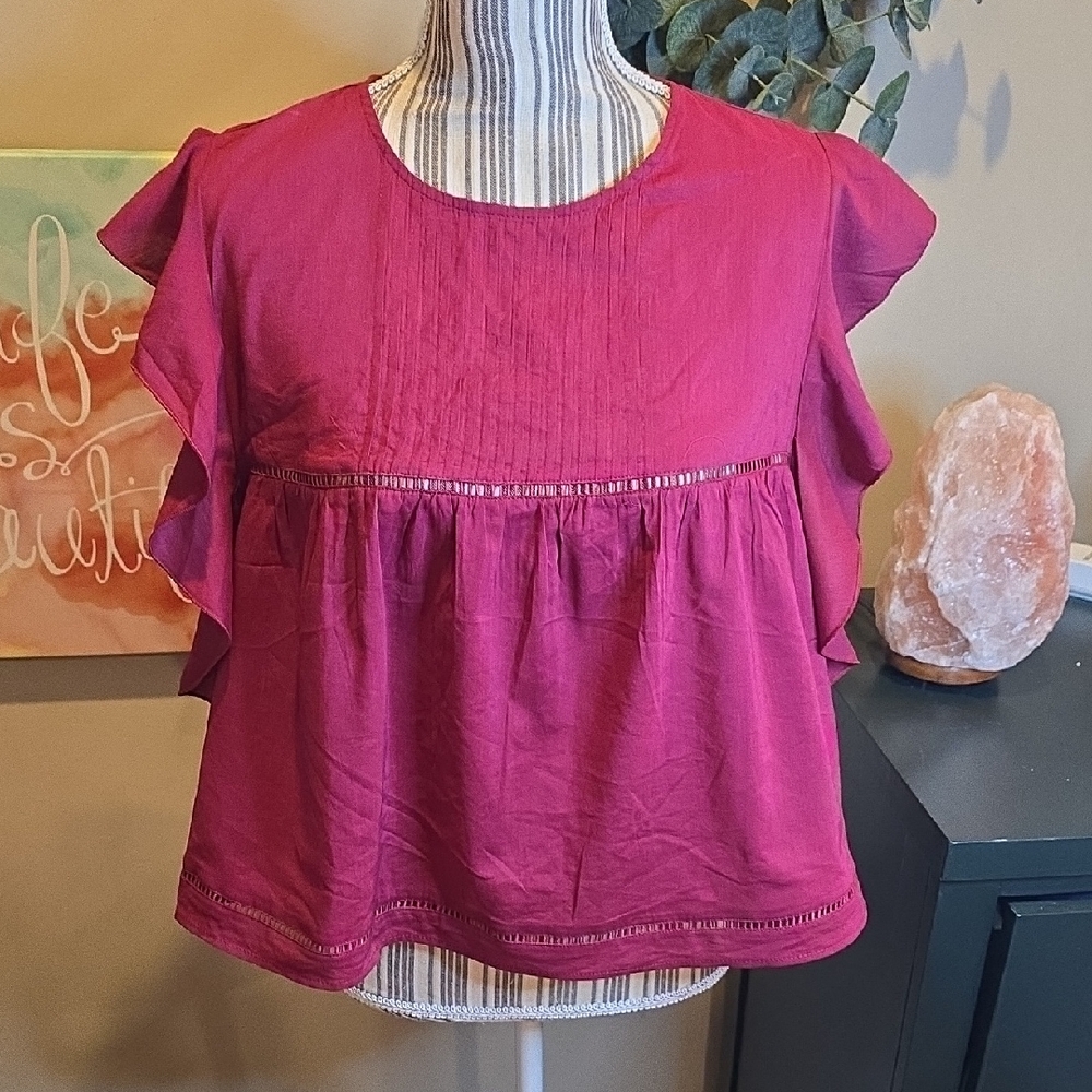 NWT H&M Divided Burgundy Ruffle Sleeve Blouse
